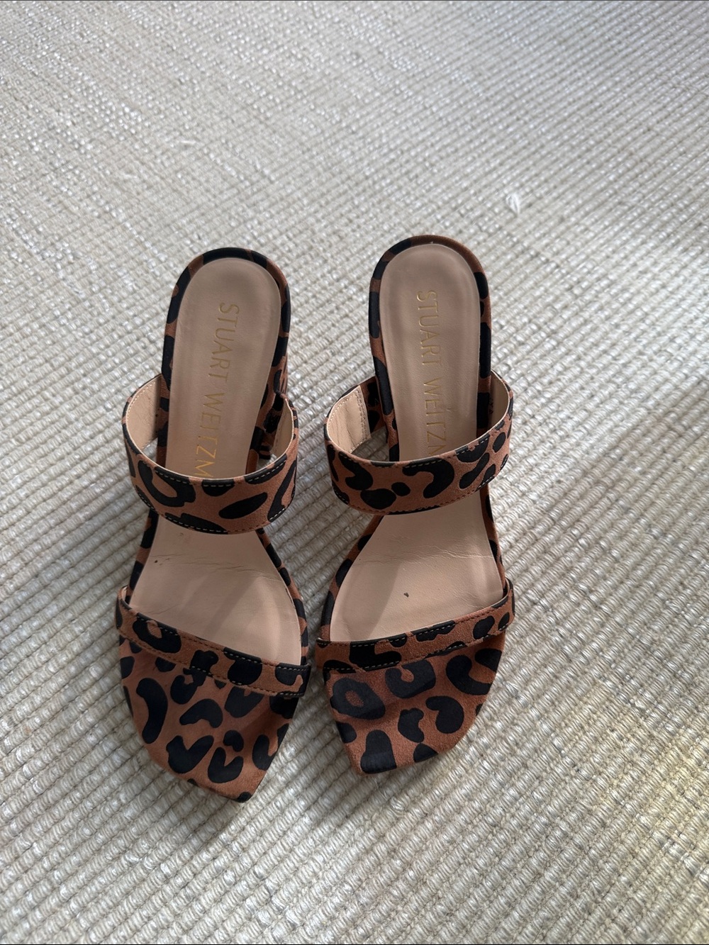 Stuart Weitzman Leopard Print Open-Toe Heels in Brown and Black